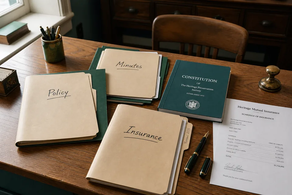 Society paperwork on a wooden desk — labelled Policy, Minutes and Insurance folders beside a fountain pen.