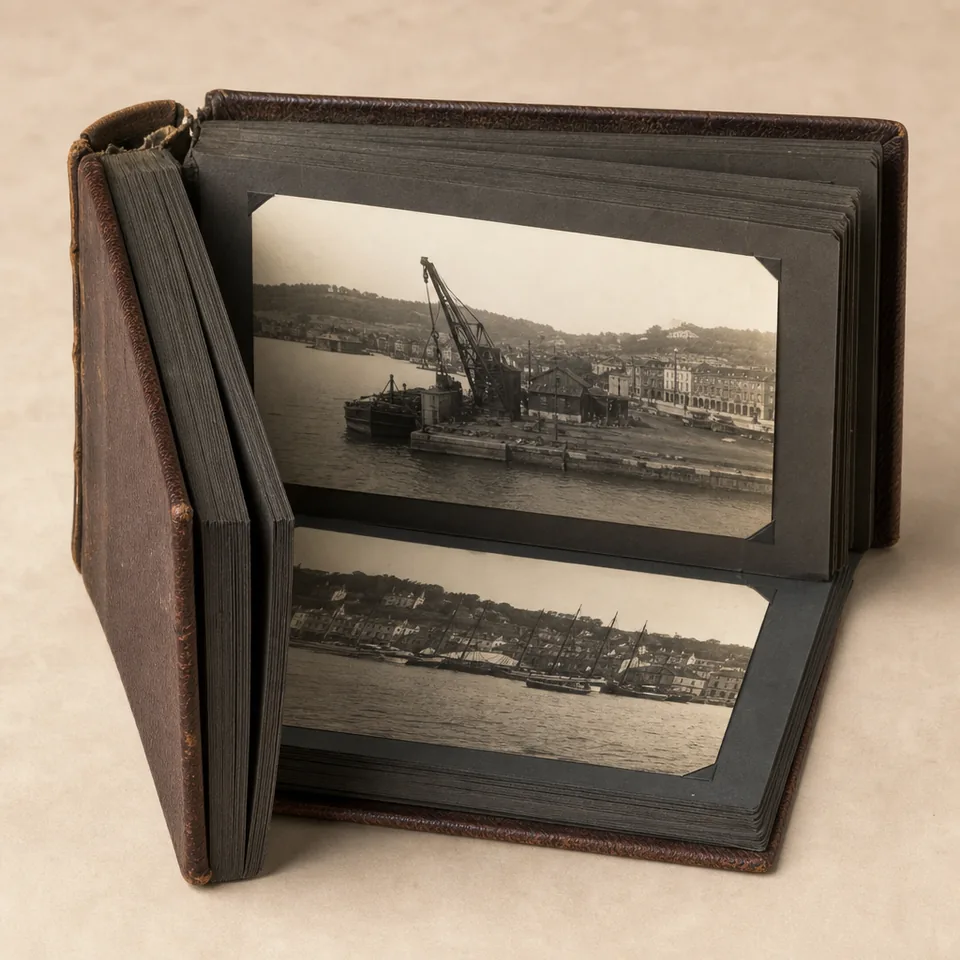 Dockside photograph album — a worn leather album of harbour photographs from the Riverside Heritage Trust collection.