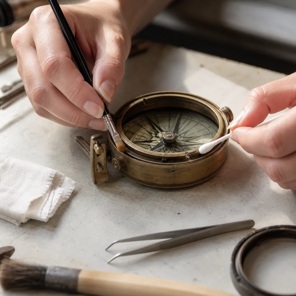 Conservator hands treating a brass ship's compass on a workbench, with fine tools beside the open housing.